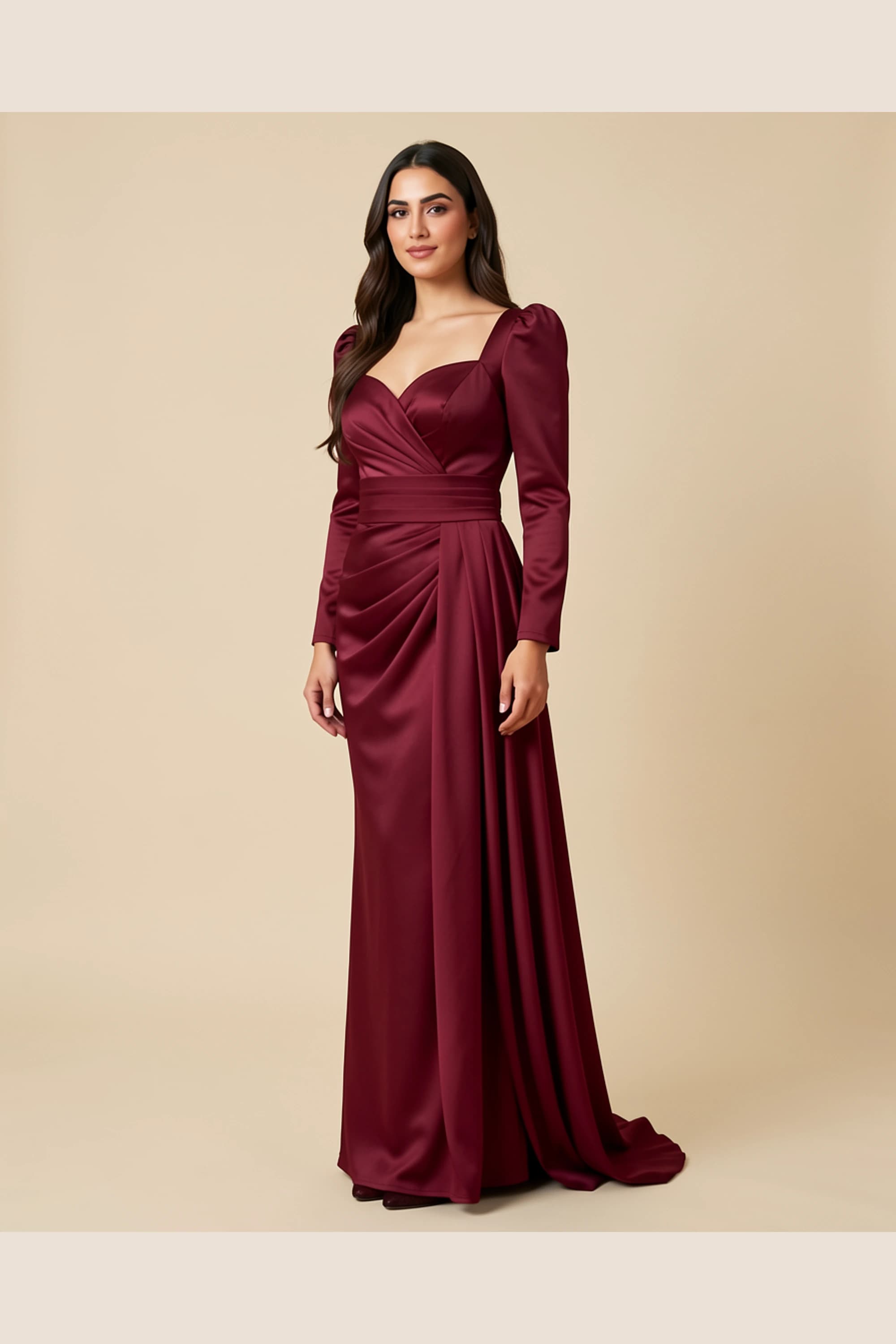 Lamora Burgundy Draped Side-Train Evening Dress — image 1