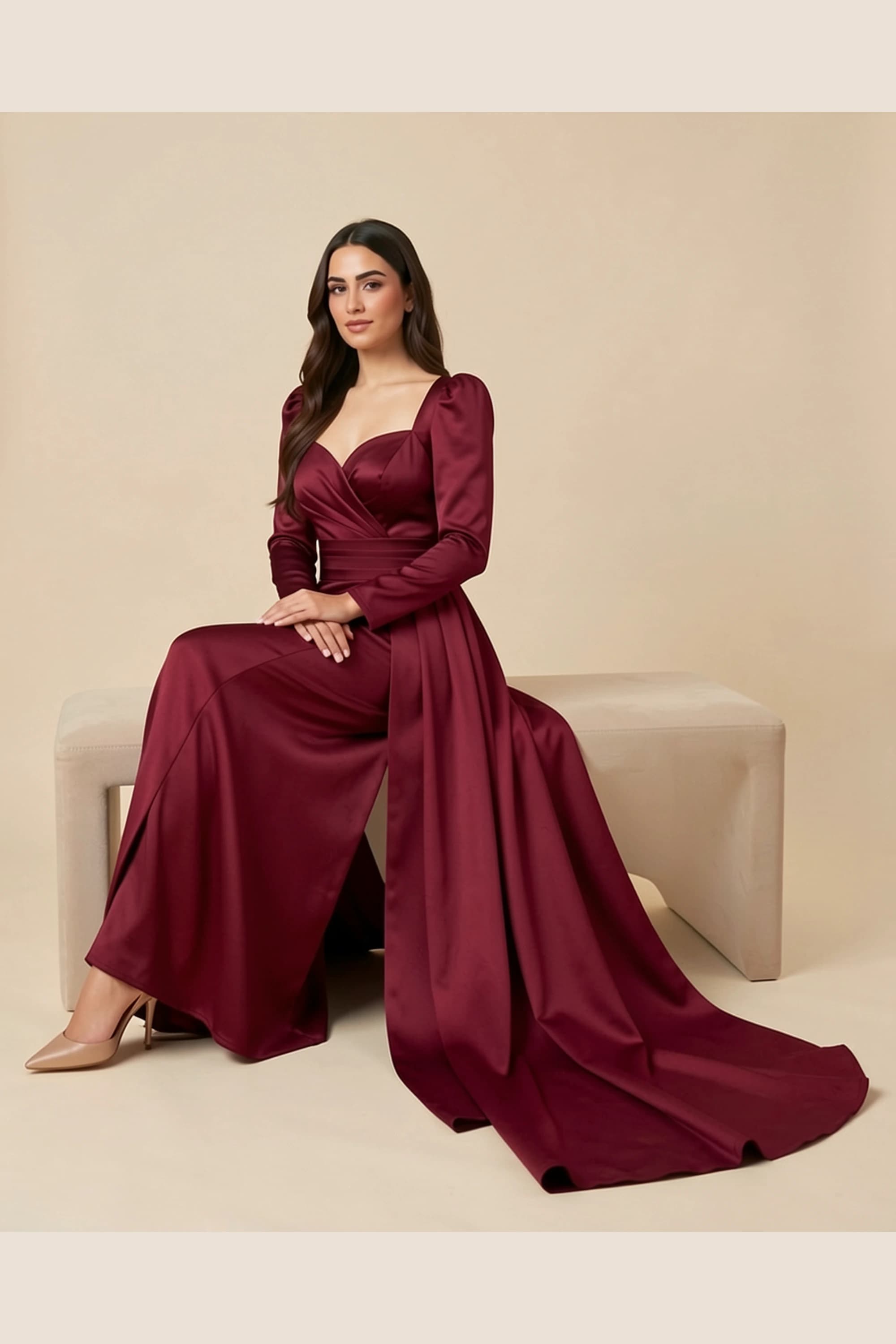 Lamora Burgundy Draped Side-Train Evening Dress — image 2