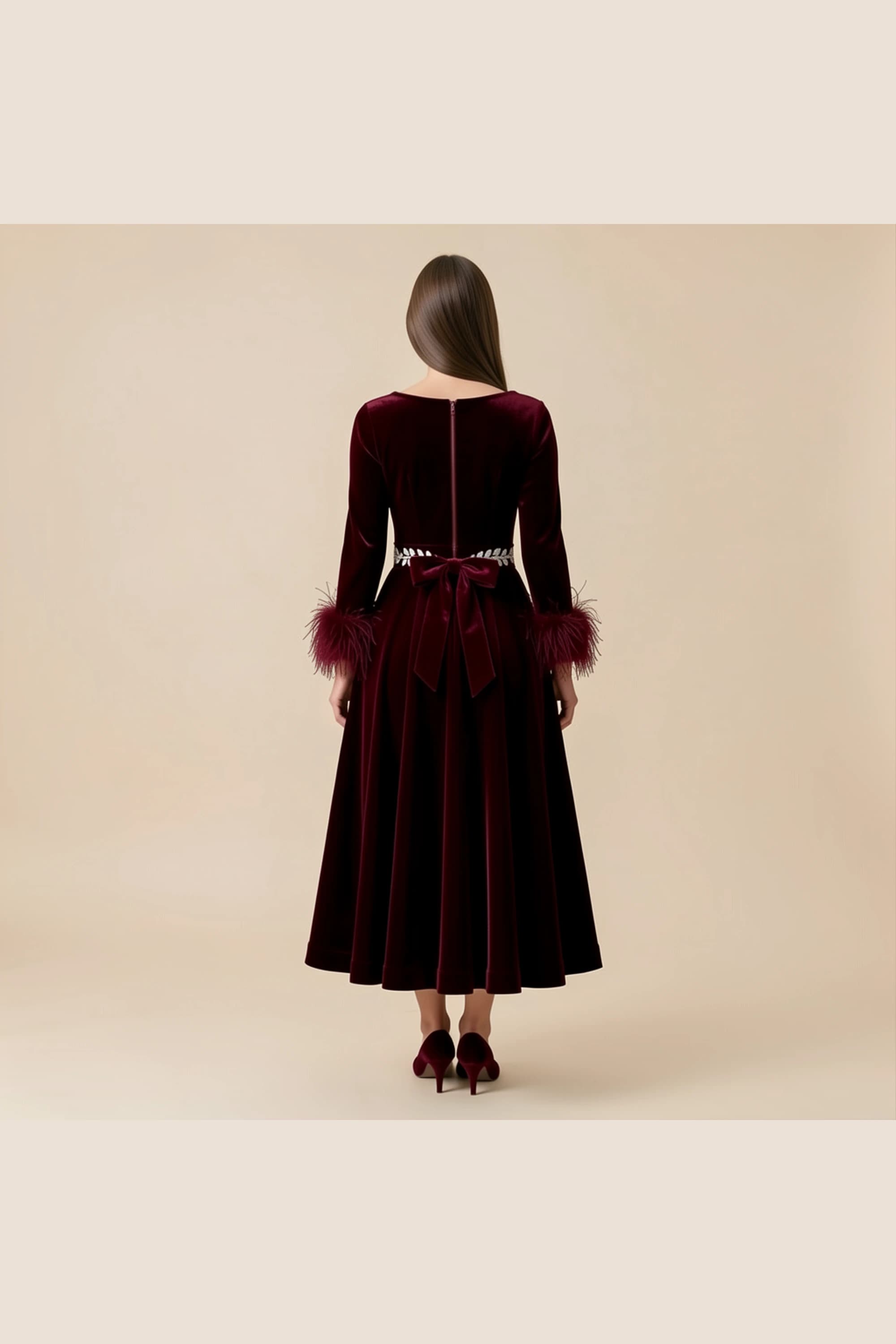 Lamora Burgundy Velvet Feather-Cuff Evening Dress — image 4