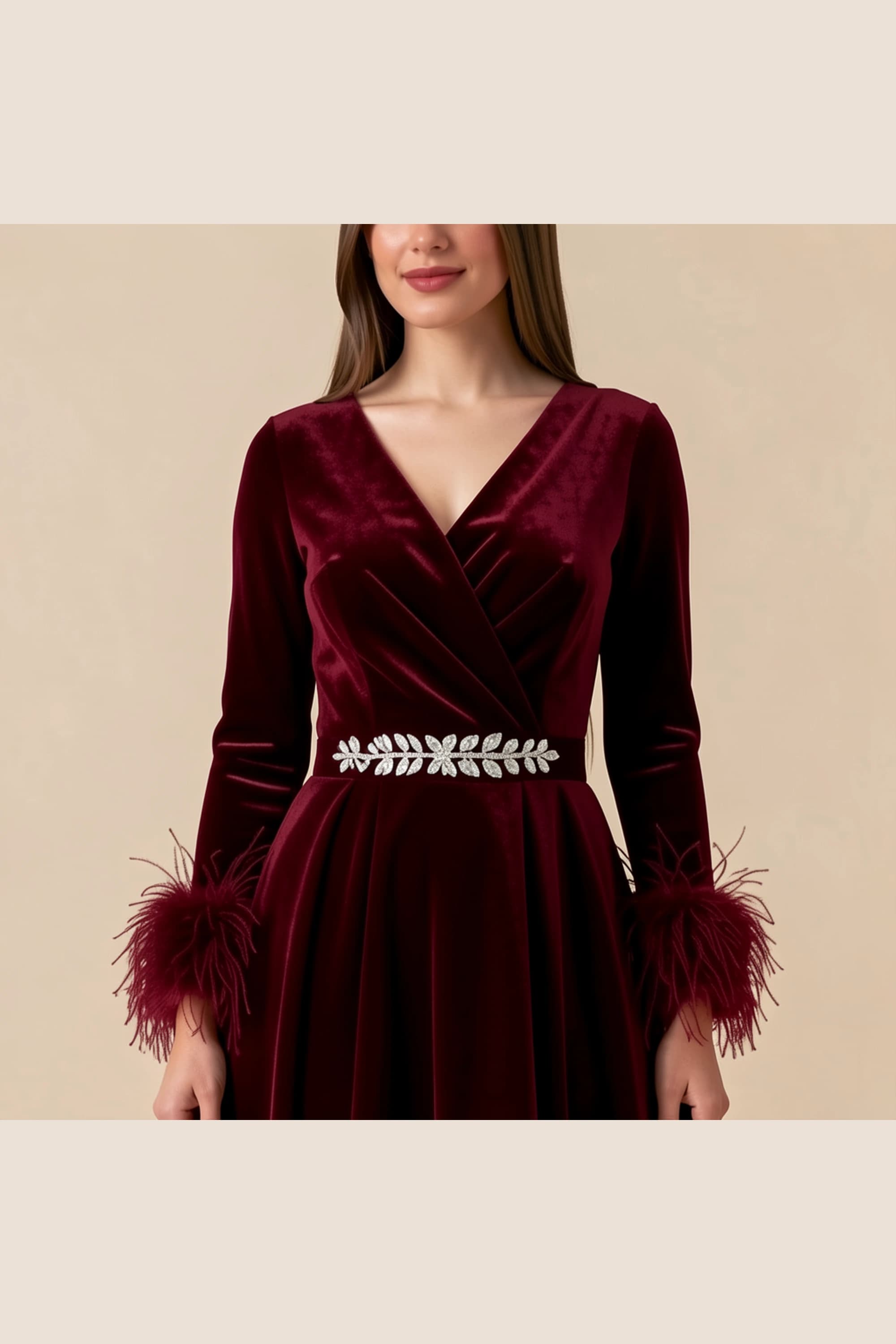 Lamora Burgundy Velvet Feather-Cuff Evening Dress — image 3