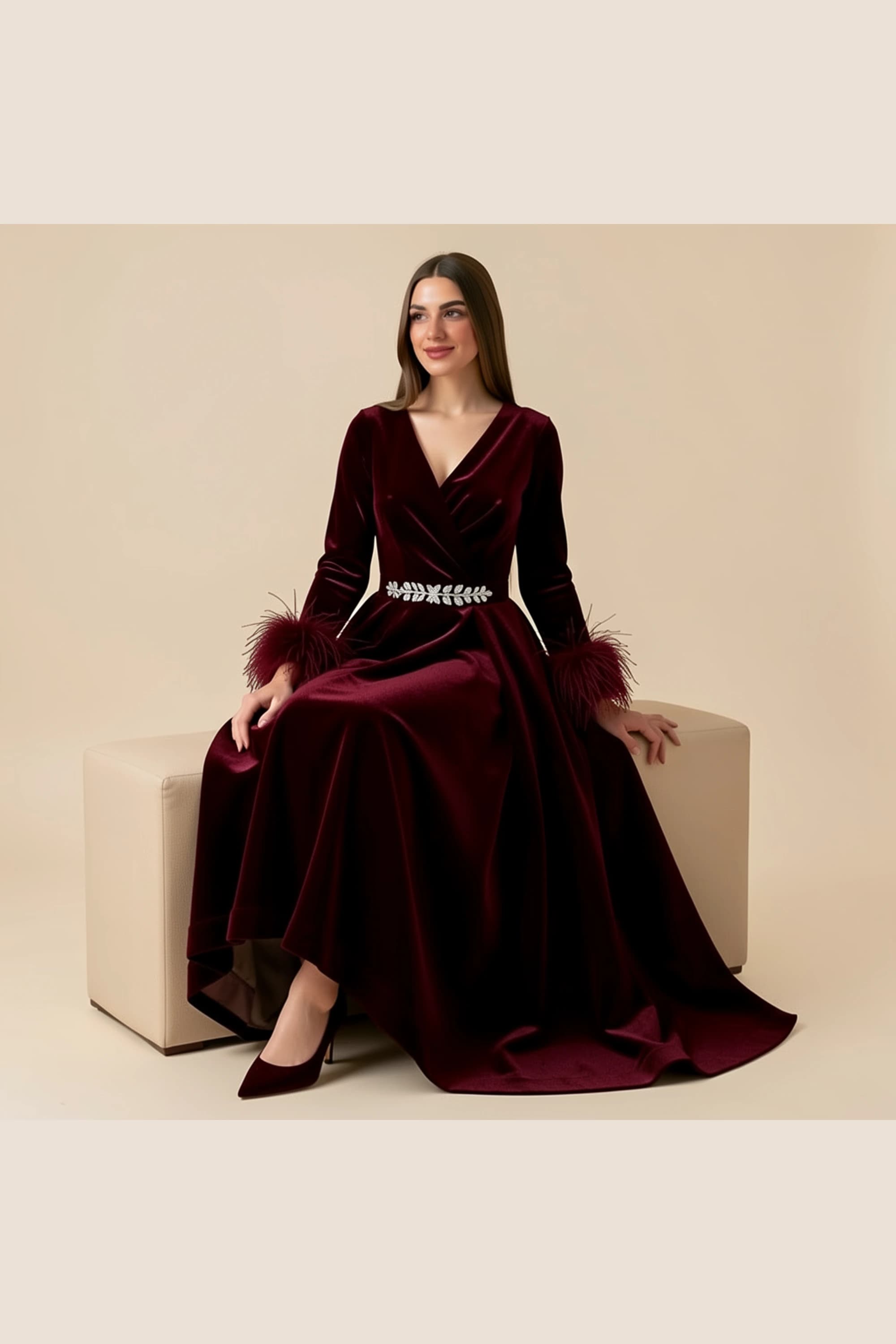 Lamora Burgundy Velvet Feather-Cuff Evening Dress — image 2