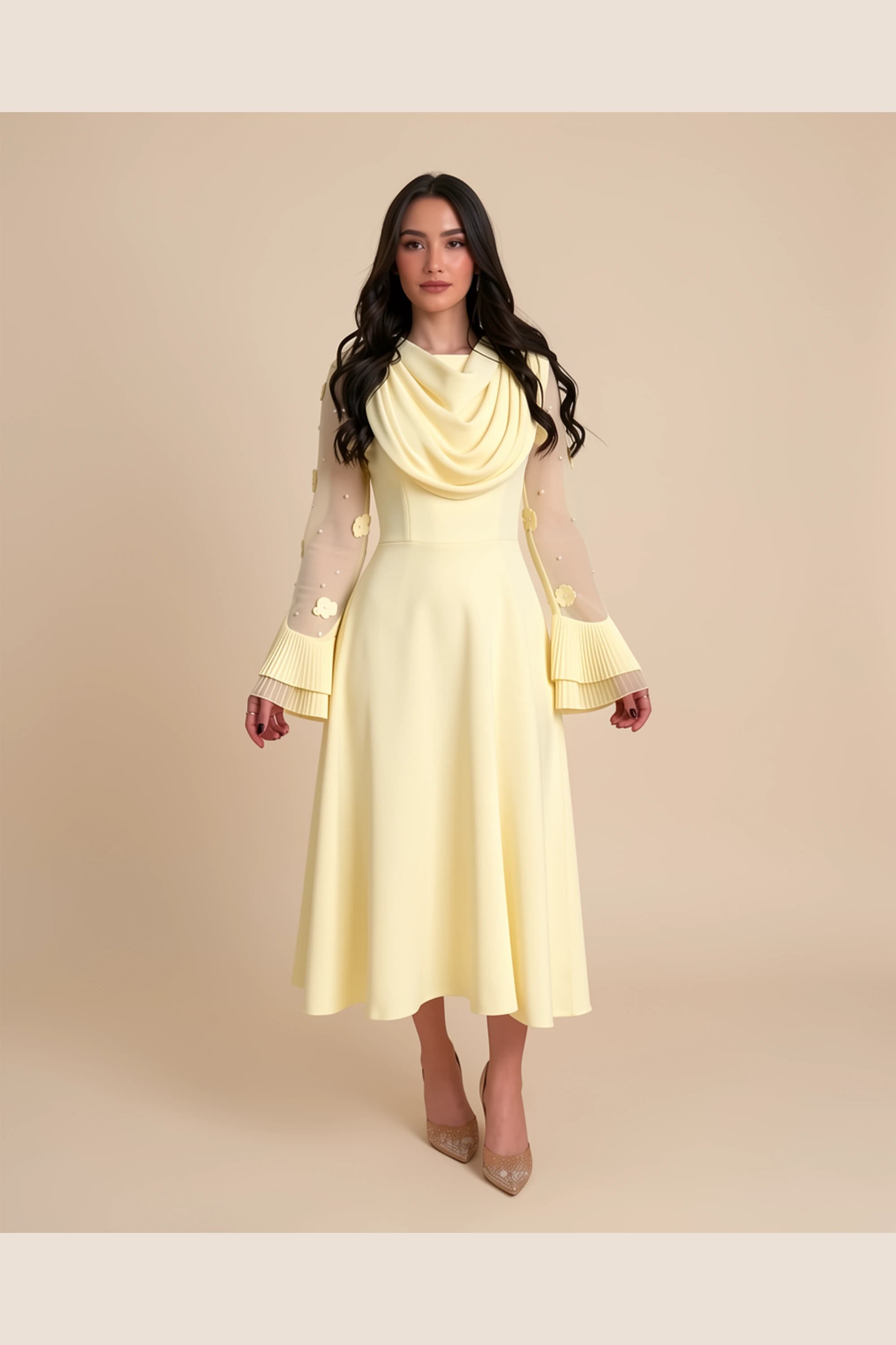 Lamora Draped-Pleat Midi Occasion Dress — image 4