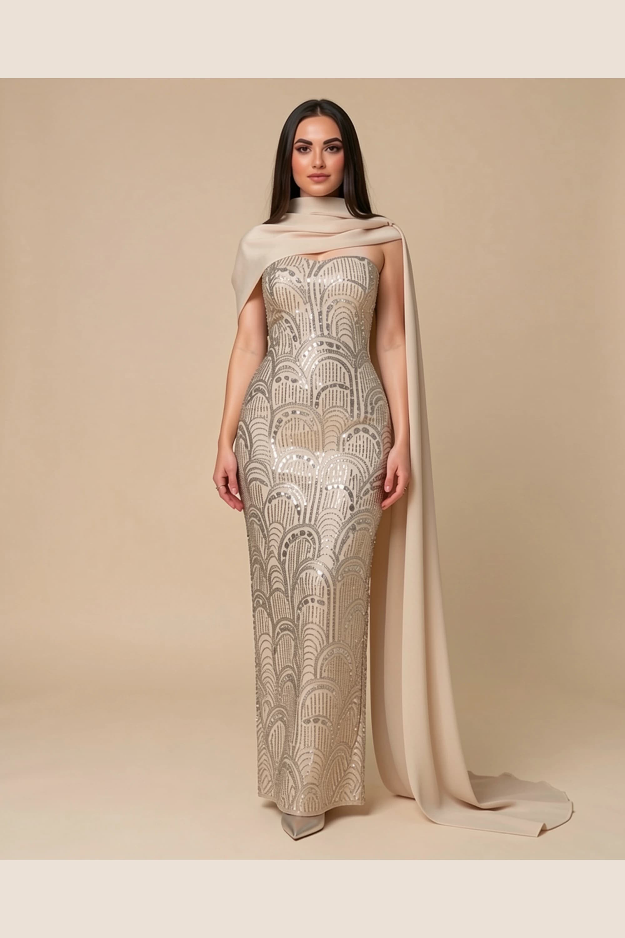 Lamora Luxury Beige Sequined Cape Gown — image 2