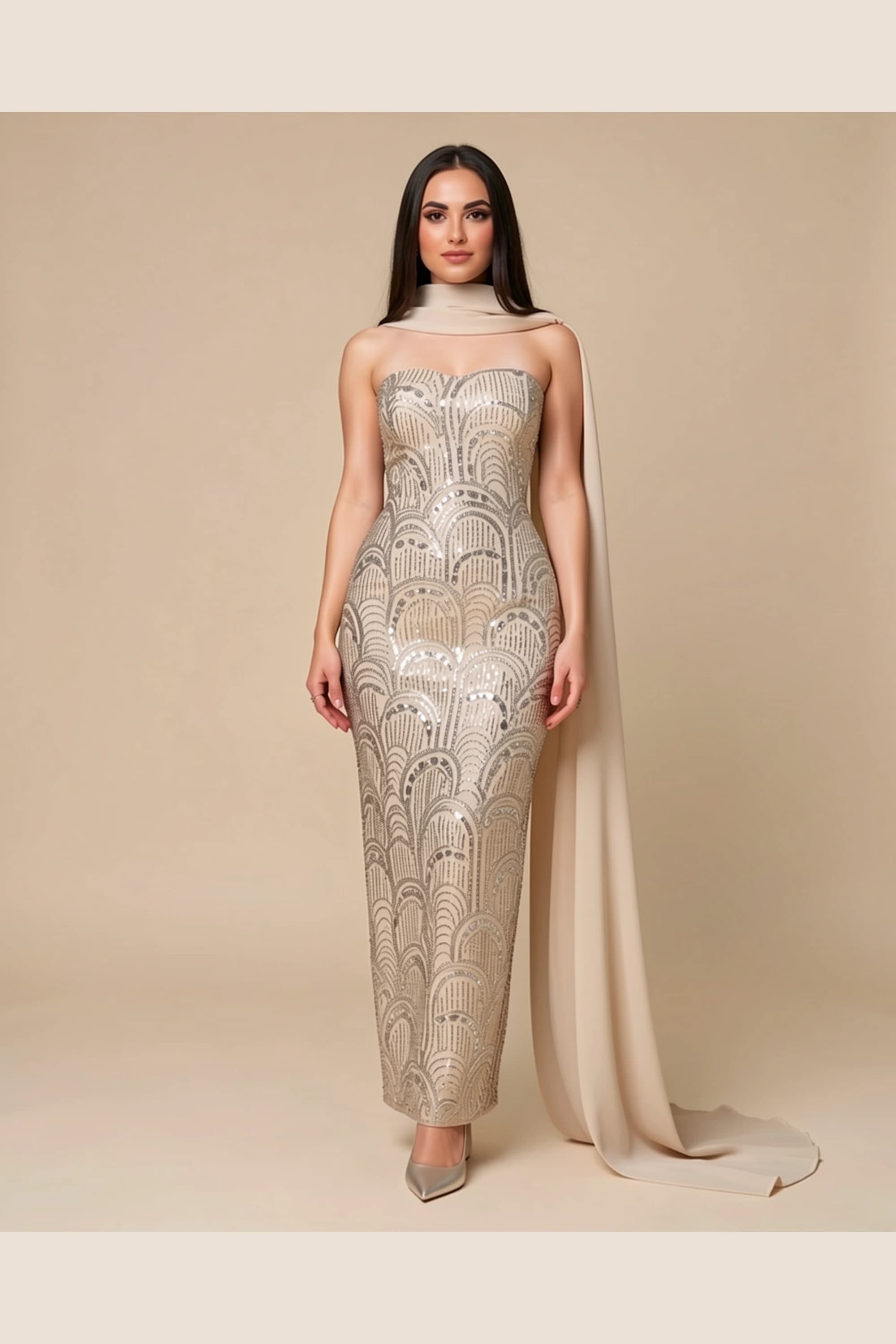 Lamora Luxury Beige Sequined Cape Gown — image 1