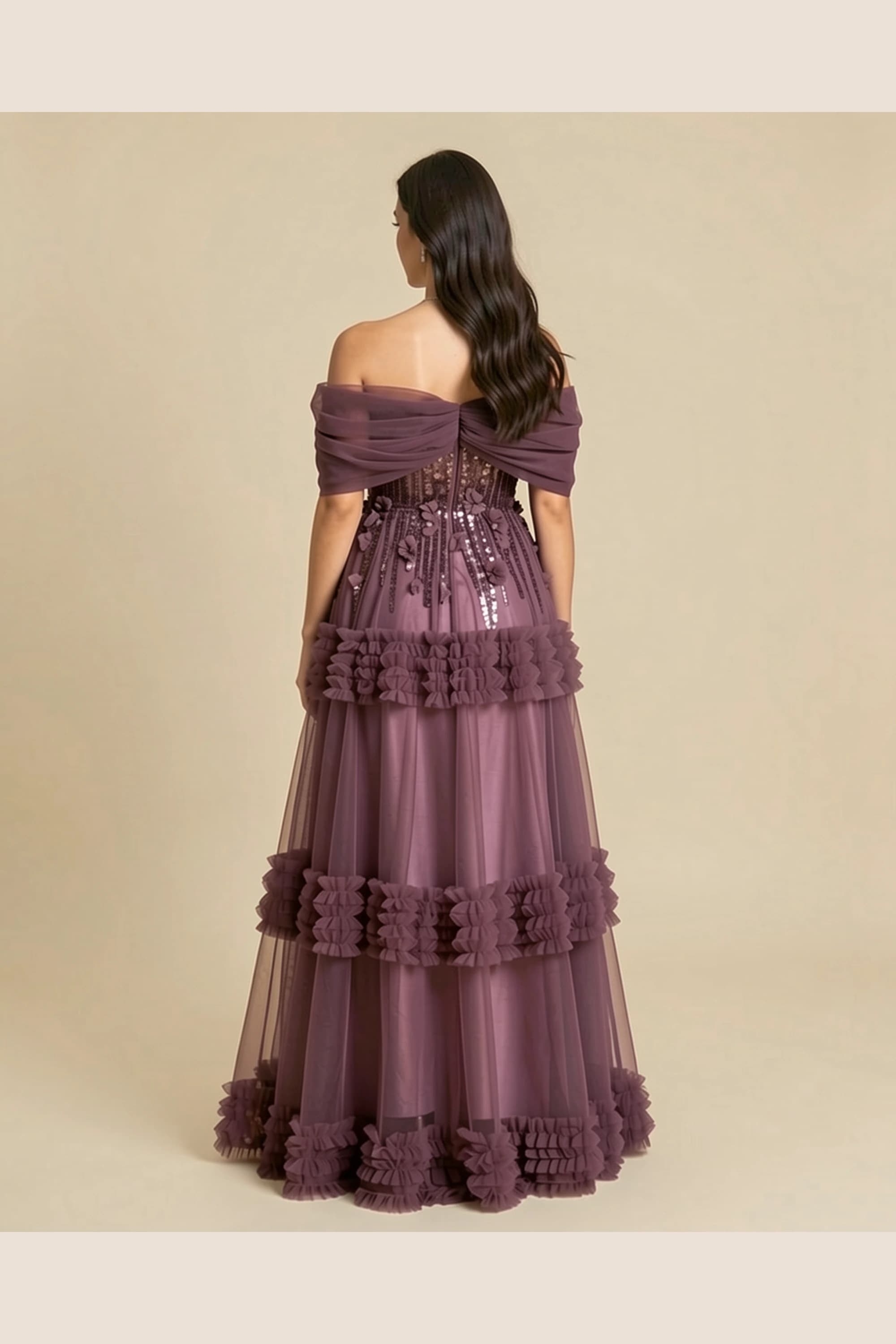 Lamora Mauve Tulle Embroidered Evening Gown — image 3