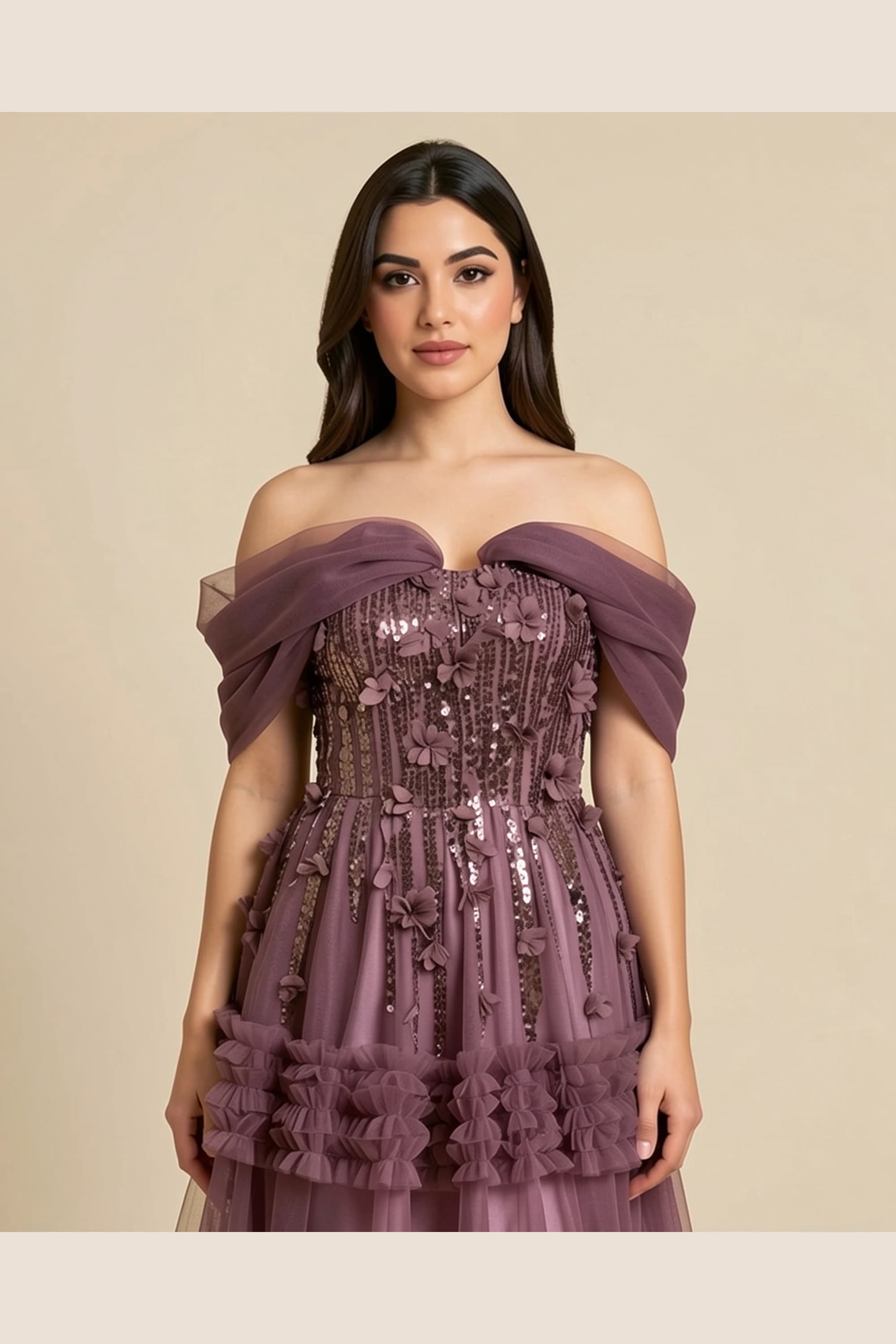 Lamora Mauve Tulle Embroidered Evening Gown — image 2
