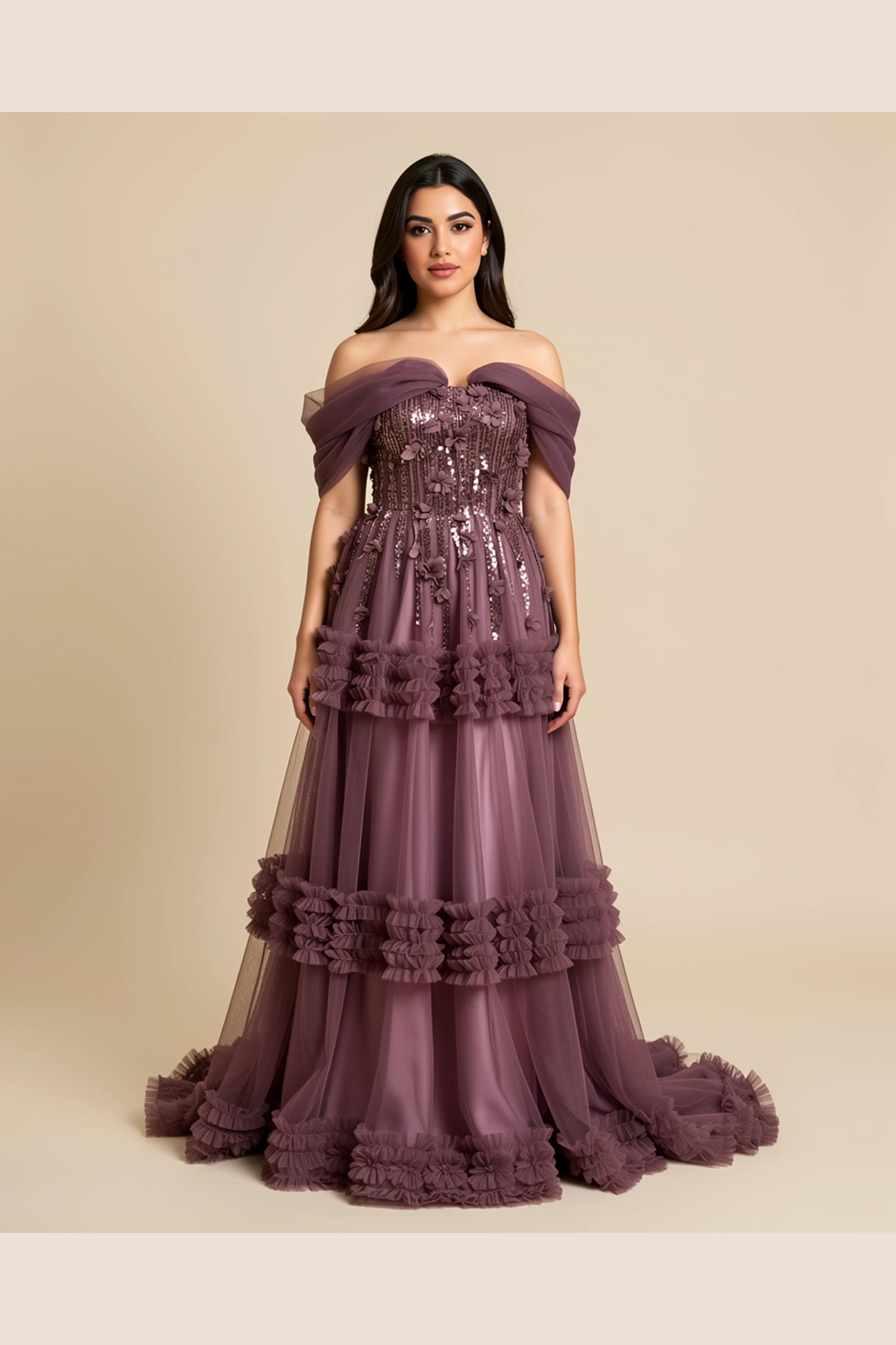 Lamora Mauve Tulle Embroidered Evening Gown — image 1