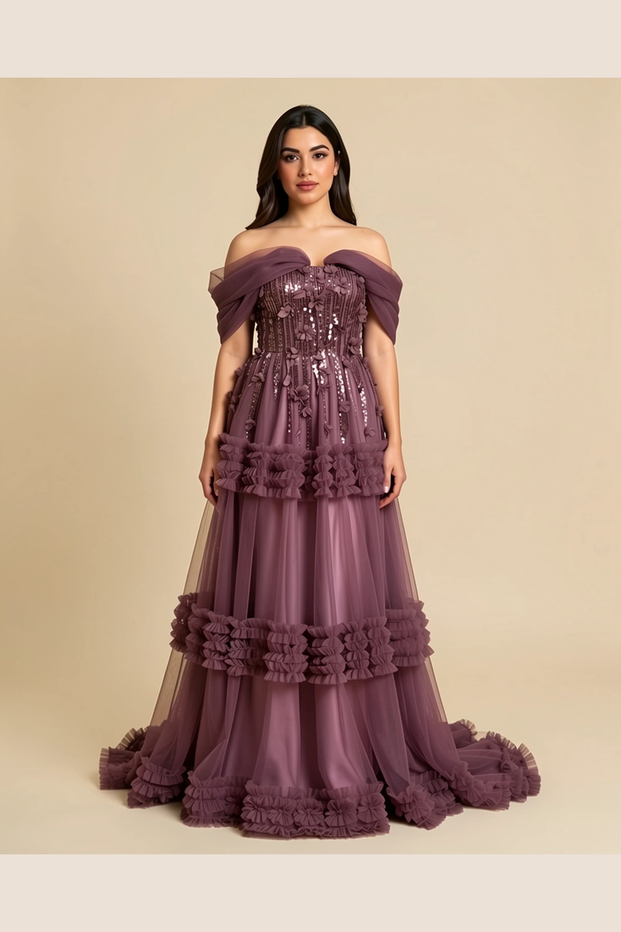 Lamora Mauve Tulle Embroidered Evening Gown — image 4